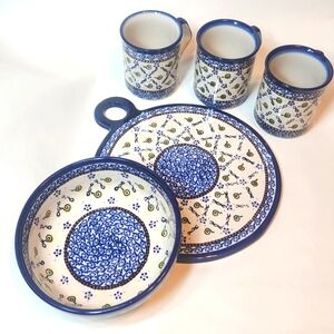 Polish Pottery 5 piece /Festive Gardon Ceramic Trivet Zaklady Boleslawiec Poland